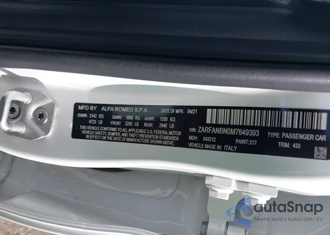 2021 Alfa Romeo Giulia Ti Awd из США, поврежденный, VIN ZARFANBN0M7649393